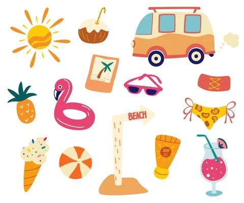 Summer set, beach accessories. Collection of summer stuff. Flat summer holida Illustrazione stock