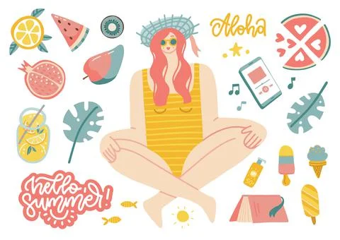 Summer set of beach elements - tropical plant leaves, fruits, ice creame, phone Stock Illustration