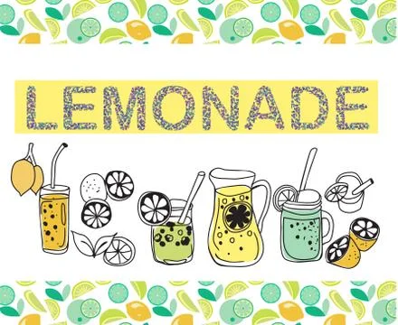Summer set of beverage with jug of lemonade, slices of lemons Stock Illustration