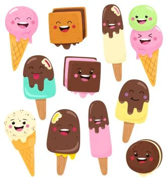 Summer set of cute and funny ice creams. Vector isolates in cartoon flat style.	 イラスト素材