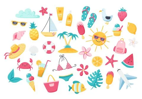 Summer set with cute beach elements: bikini, flip flops, fruits, flowers, palm 스톡 일러스트