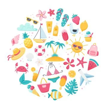 Summer set with cute beach elements bikini, flip flops, fruits, flowers, palm 스톡 일러스트