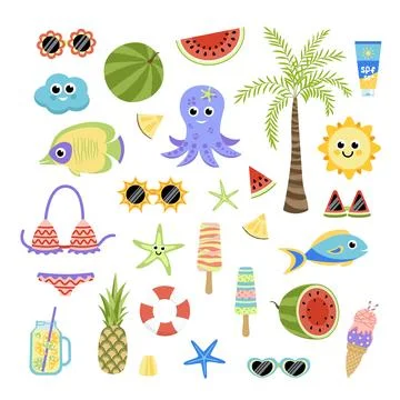 Summer set with cute beach elements. Flat, cartoon, vector Stock Illustration
