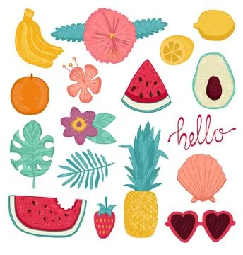 Summer set of design elements tropical leaves, flowers, fruits. Vector Stock Illustration