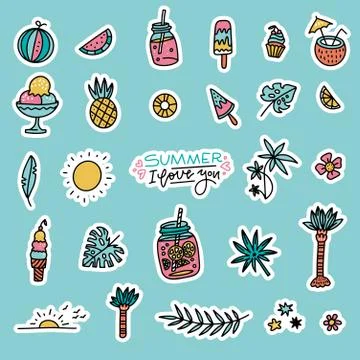Summer set of design elements tropical leaves, flowers, fruits, cocktails and Illustrazione stock
