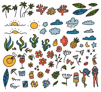 Summer set of design elements tropical leaves, flowers, fruits, palms, san with Stock Illustration