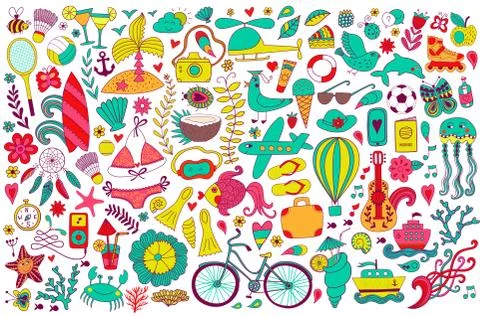 Summer set doodle elements. Travel drawing Stock Illustration