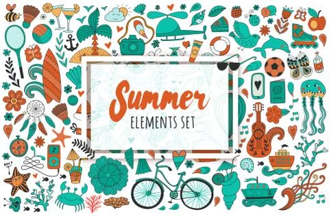 Summer set doodle elements. Travel drawing イラスト素材