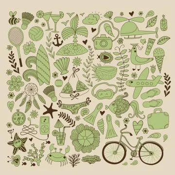 Summer set doodle elements. Travel drawing Illustrazione stock