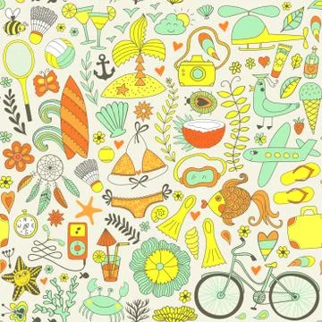 Summer set doodle elements. Travel drawing Illustrazione stock