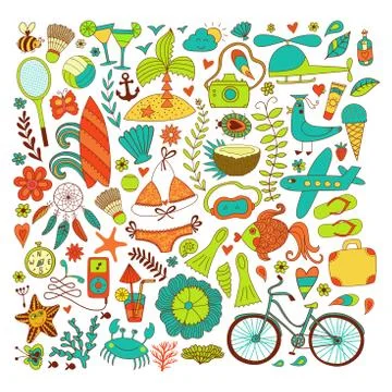 Summer set doodle elements. Travel drawing Stock Illustration