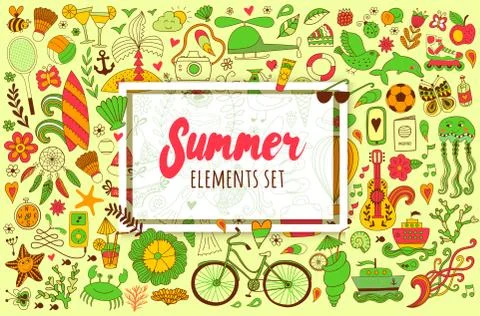Summer set doodle elements. Travel drawing Illustrazione stock