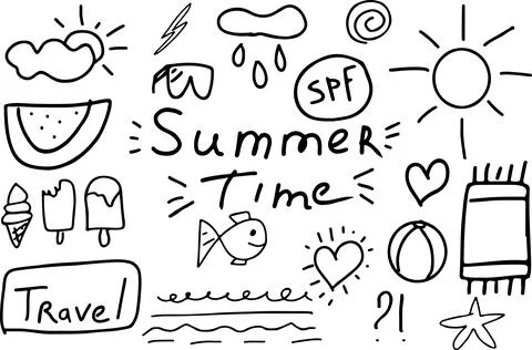 Summer Set Doodle Sun, ice cream, watermelon, glasses, fish, sea star, rain Stock Illustration