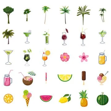 Summer set elements ice cream, drinks, palms, fruits, flowers. Collection icons Stock Illustration