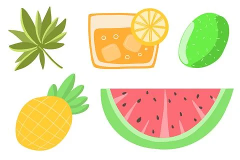 Summer set of flat fruit and lemonade glass isolated on white background Stock Illustration