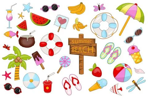 Summer set graphic elements in flat design. Bundle of beach pointer, tropical Stock Illustration