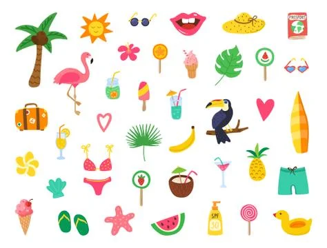 Summer set with hand drawn elements. Summer beach party design with doodle fl Stock Illustration