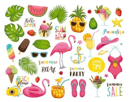 Summer set with hand drawn travel elements. Ice cream, watermelon, leaves, hat Stock Illustration