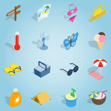Summer set icons, isometric 3d style Stock Illustration