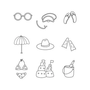 Summer set line elements Doodle icons coloring 스톡 일러스트