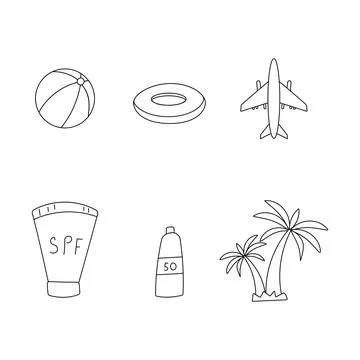 Summer set line elements Doodle icons coloring Stock Illustration