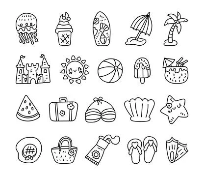 Summer set in outline line art Illustrazione stock