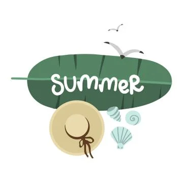 Summer set, palm leaf and hat, seagulls mollusks, vector design template, let Stock Illustration