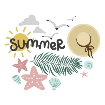 Summer set, palm leaf and hat, seagulls mollusks, vector design template Stock Illustration