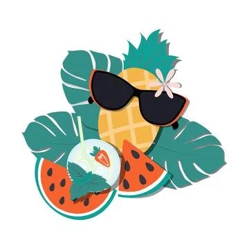 Summer set of pineapple, watermelon slices, cocktail Mojito with strawberry and Stock Illustration