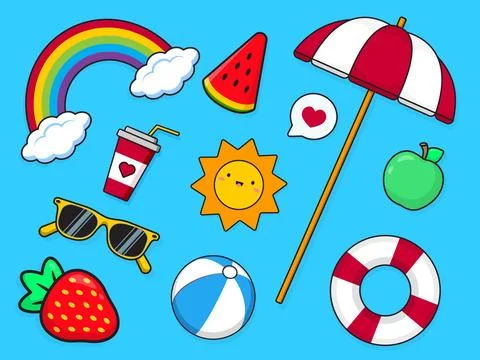Summer set. Sun and rainbow. Beach umbrella and sunglasses. Watermelon and a Stock Illustration