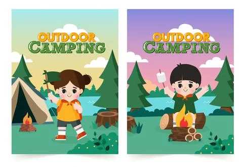 Summer sets collection. children doing activities on camping. Kids summer camp Stock Illustration