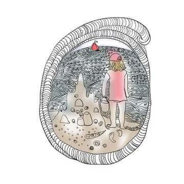 Summer shell, sea and girl Stock Illustration