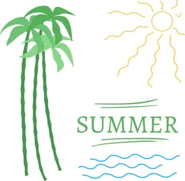 Summer simple set elements - text, wave, sun, palm Illustrazione stock