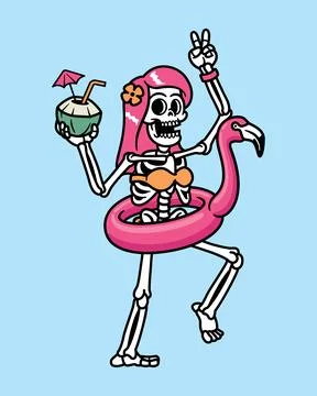 Summer skeleton in flamingo float Stock Illustration