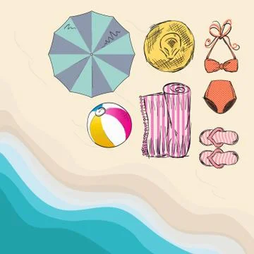 Summer sketch objects on the beach Stock Illustration