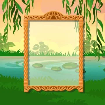 Summer sketch with space for your text on the background of trees and pond in Stock Illustration