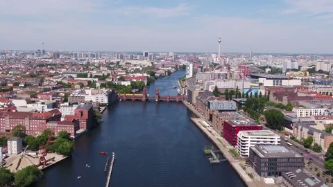 Summer sky over Berlin, Osthafen, Oberbaumbruecke, aerial. Video stock 80604394