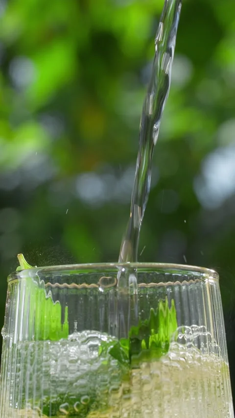 Summer soft drink preparation. Pouring sparkling water in a glass with mint Stock Footage 314464525