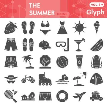 Summer solid icon set, beach symbols collection or sketches. Travel and vacation Stock Illustration