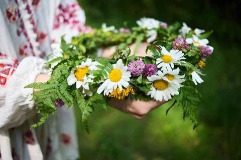 Summer Solstice Day, Midsummer, Litha holiday. Flowers wreath Stock Photos