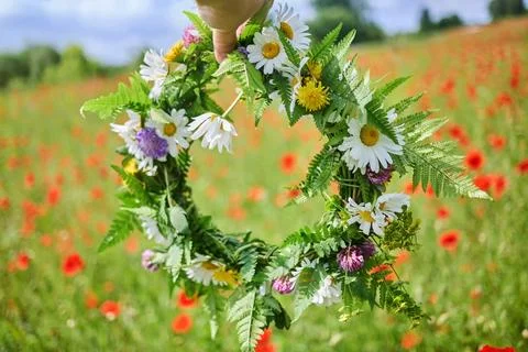 Summer Solstice Day, Midsummer, Litha holiday. Flowers wreath Stock Photos