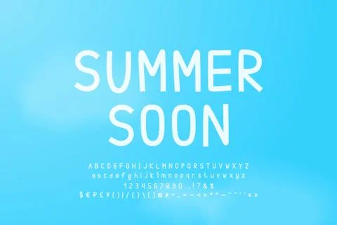 Summer soon handwritten thin slim font white color on blue sky background. Big Stock Illustration