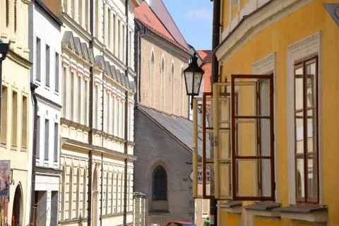 Summer in South Bohemia: Windows of an Old Alley Stock Photos