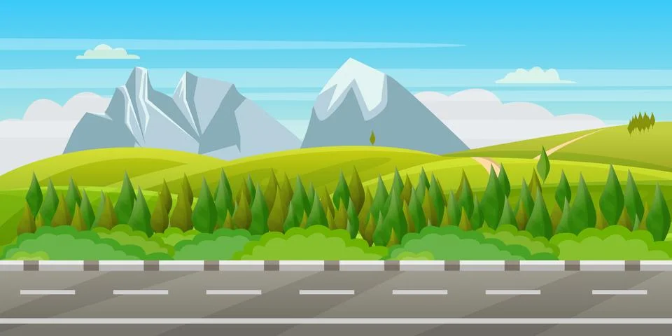 Summer, spring green landscape. Vector illustration of hills, meadows and mou Stock Illustration