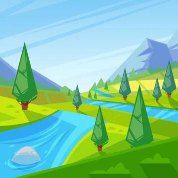 Summer, spring green landscape. Vector illustration of hills, meadows and mou Stock Illustration