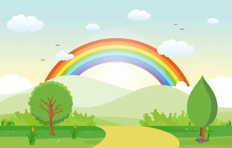 Summer Spring Green Valley Rainbow Outdoor Landscape Illustration Stock Illustration