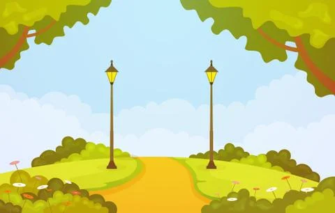 Summer Spring View in City Park Outdoor Landscape Flat Illustration Illustrazione stock
