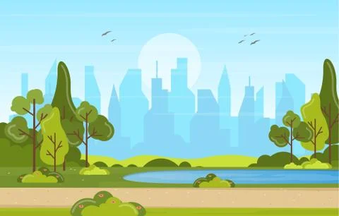 Summer Spring View in City Park Outdoor Landscape Flat Illustration Stock Illustration