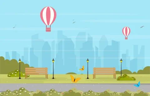 Summer Spring View in City Park Outdoor Landscape Flat Illustration Ilustración de archivo