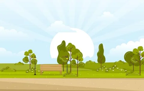Summer Spring View in City Park Outdoor Landscape Flat Illustration Illustrazione stock